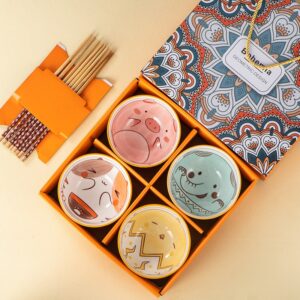 Ceramic Cat and Friends Bowl and Chopsticks Gift Set