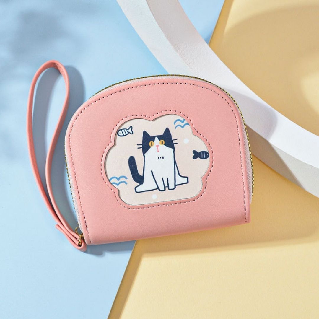 Cat and Fish Leather Coin Pouch