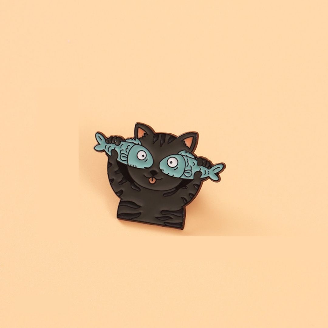 Double Fish Grey Cat Enamel Brooch Pin