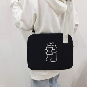 Tablet Laptop Embroidery Bag - Black Chubby Cat (with Strap)