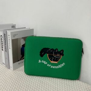 Tablet Laptop Embroidery Sleeve - Green Cup of Cat