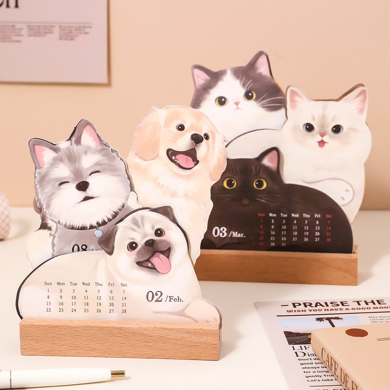2026 Wooden Base Cat and Dog Desk Calendar