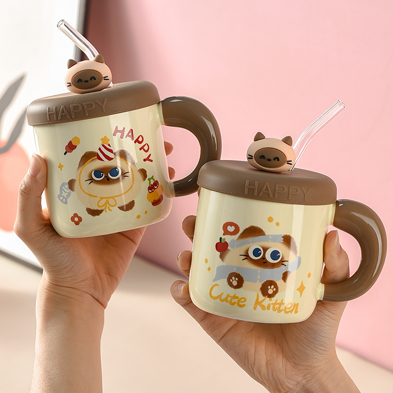 Siamese Cat Ceramic Mug With Straw and Cover (420ml)