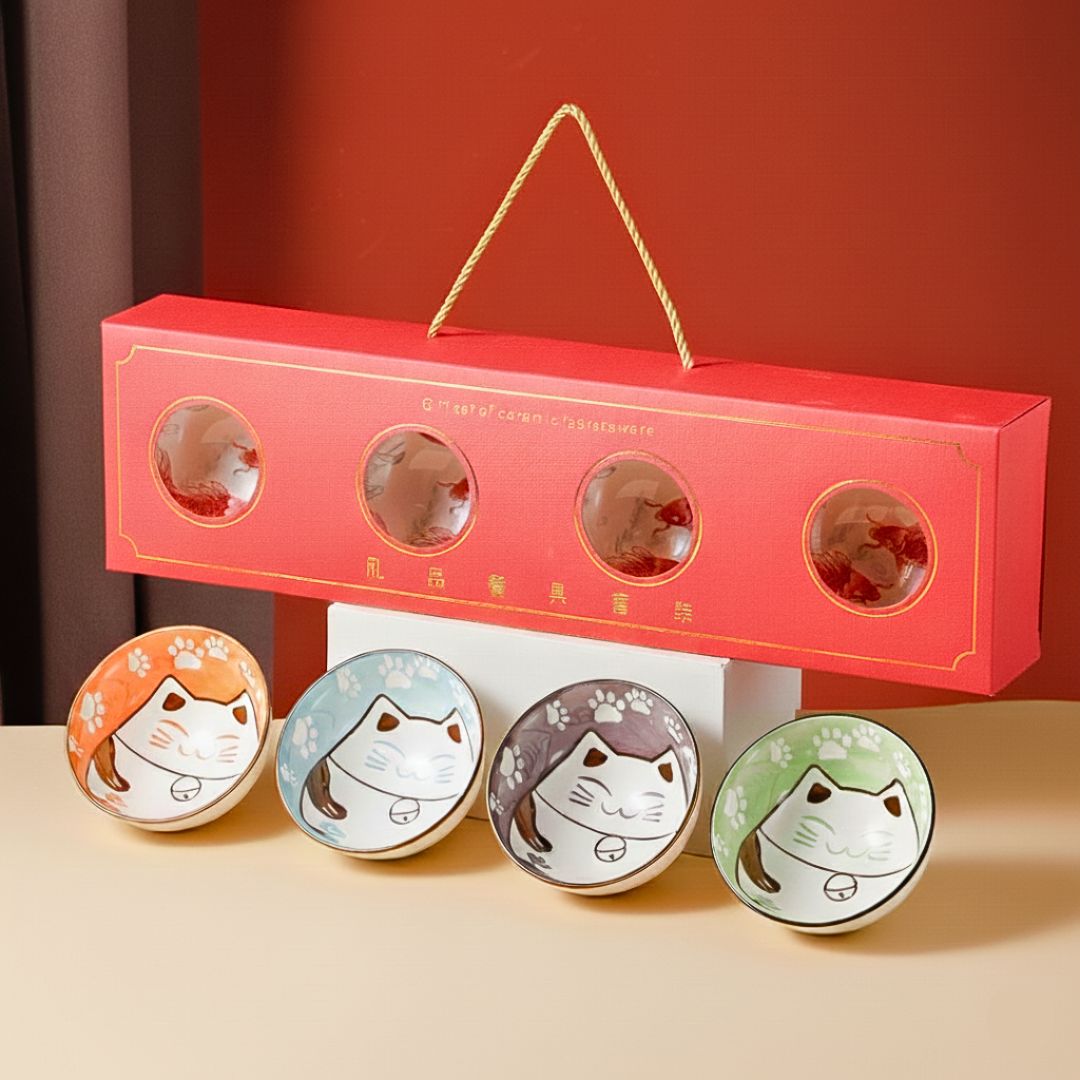 Fortune Lucky Cat Ceramic Bowl Set With Gift Box