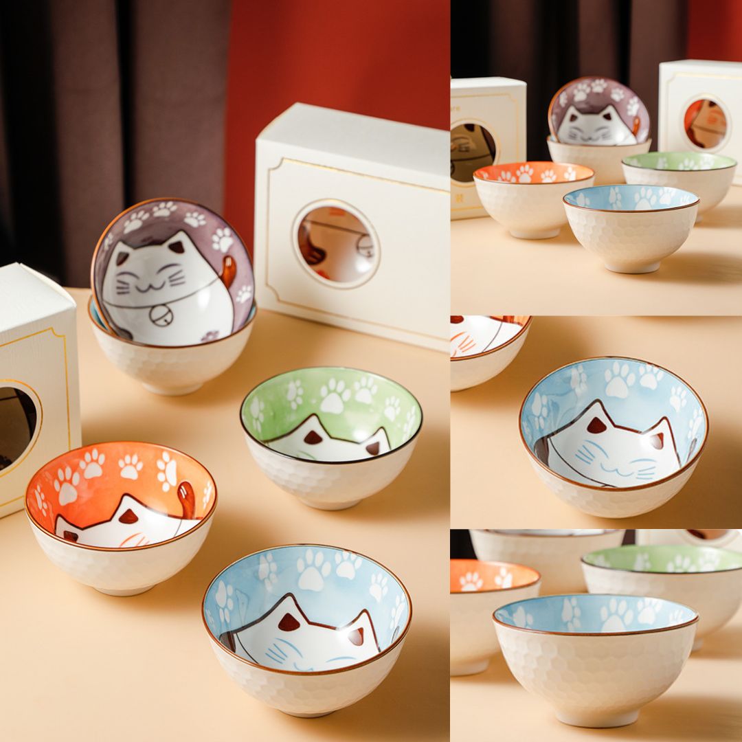 Fortune Lucky Cat Ceramic Bowl Set With Gift Box